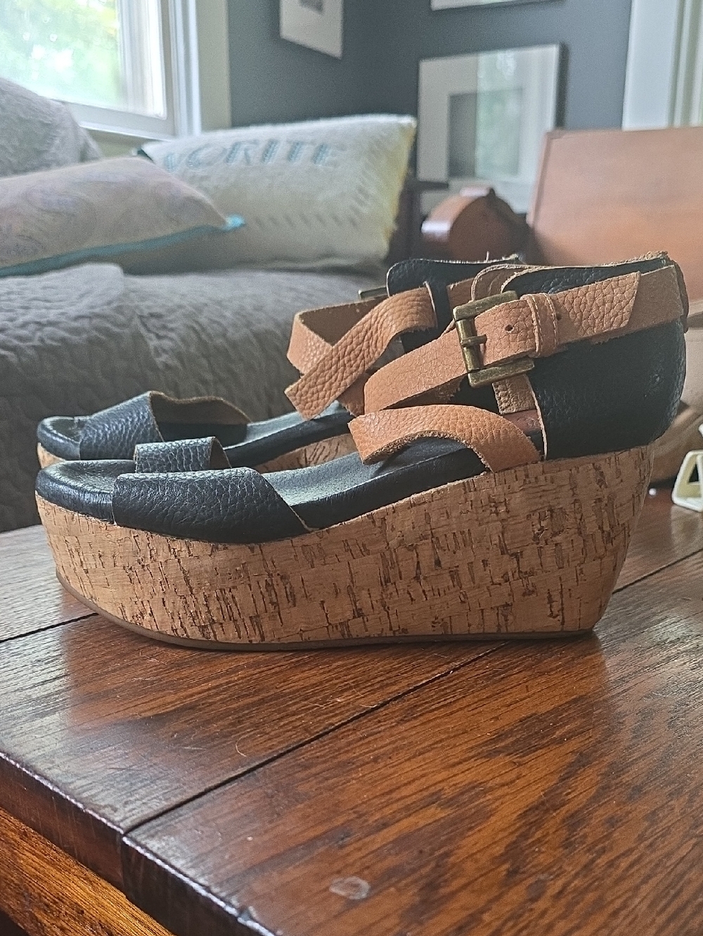 Gee Wa Wa From Anthropologie Wedge Sandals with Cork Platform in Black and Tan